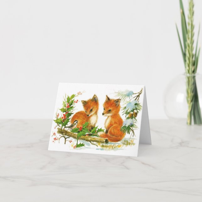 Carte Vintage hiver Red Fox Noël (Devant)