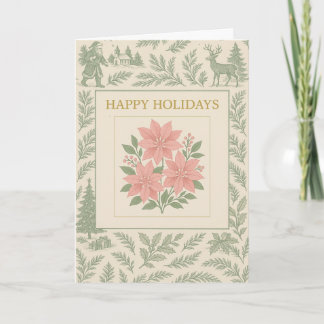 Carte Vintage Holiday Card with Pink Poinsettias & Woodl