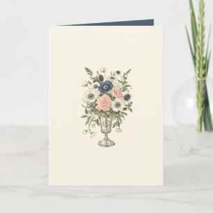 Carte Vintage ivoire rose bleu mauve fleurs vertes