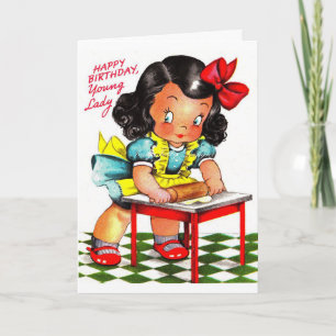 Carte Vintage - Joyeux Anniversaire, Jeune Dame,