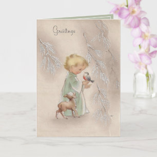 Carte Vintage Noël Blonde Baby Oiseau agneau