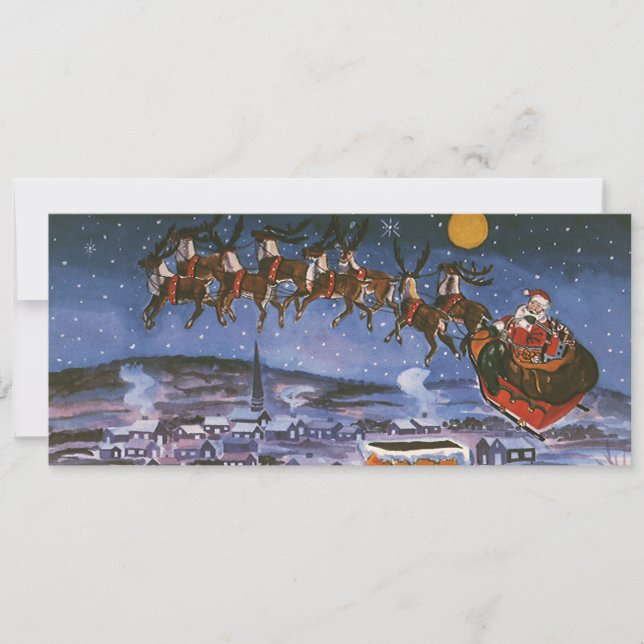 Carte Vintage Noël Le Père Noël Volant Son Sommeil (Devant)