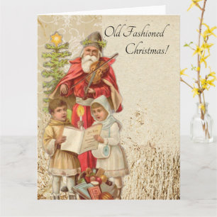 Carte Vintage Noël Père Noël Jouer Violon Arbre Enfants