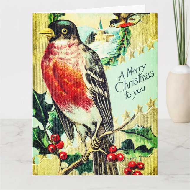 Carte Vintage oiseau Noël (Devant)