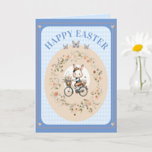 Carte Vintage Pâques Floral Lapin Bleu En vichy Vérifier