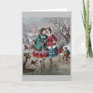 Carte Vintage - Patinage sur glace sur un étang,