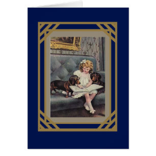 Carte vintage Petite Fille Lire À Chiens