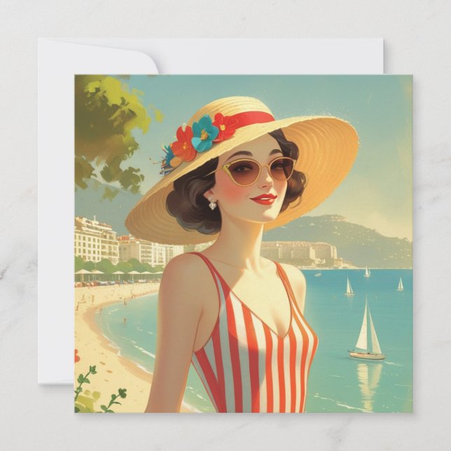 Carte vintage Plage Côte D'Azur Girl (Devant)