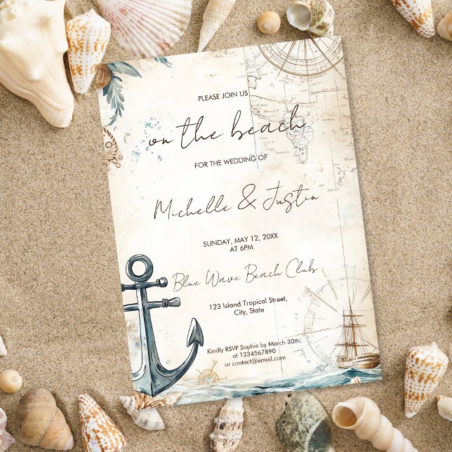 Carte vintage Plage Tropical Island Mariage (coastal vintage map wedding invitation)