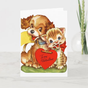 Carte Vintage Puppy and Kitten Valentine's Day Card