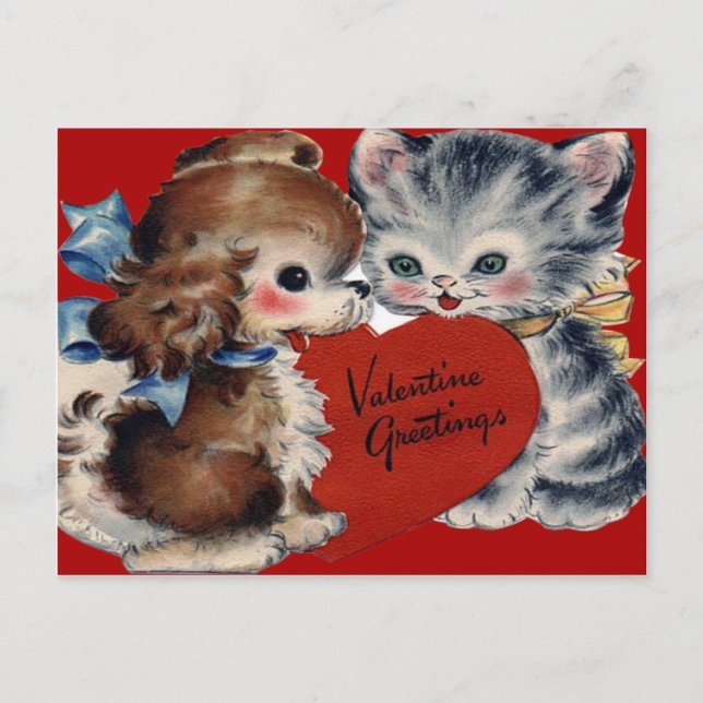 Carte vintage Retro Puppy & Kitten Valentine (Devant)