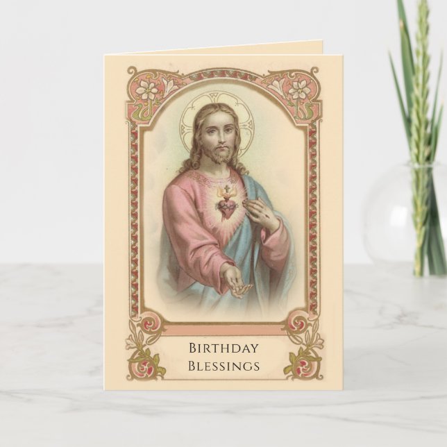 Carte Vintage Sacré-Coeur de Jésus Anniversaire religieu (Devant)