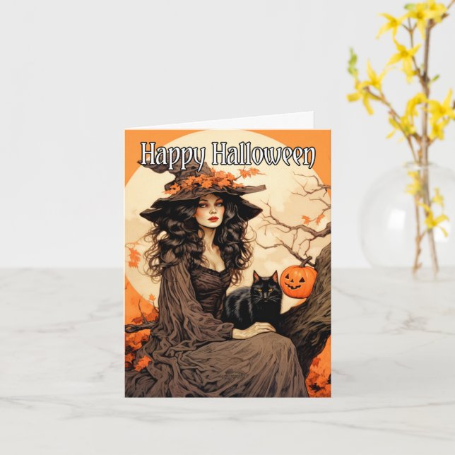 Carte Vintage Salem Witch | Bonne Halloween (Fleur jaune)