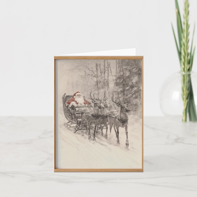 Carte Vintage Santa Sleigh Xmas Forest Sketch  (Devant)