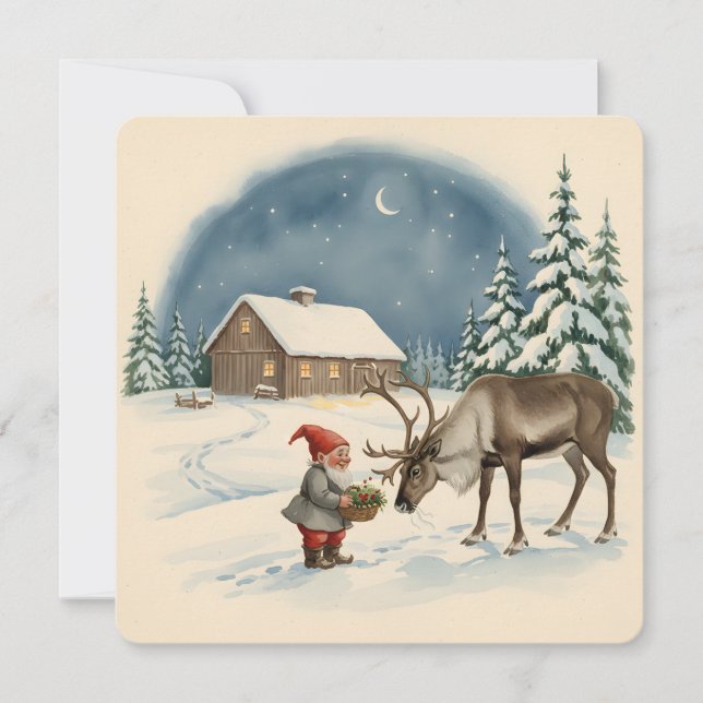 Carte Vintage Scandinavian Christmas Tomte & Reindeer (Devant)