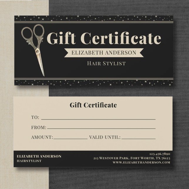 Carte Vintage Scissors Hair Stylist Gift Certificate (An elegant vintage scissors hair stylist gift certificate. Personalize it with your information.)