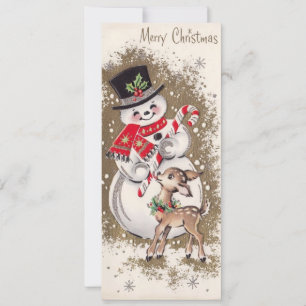 Carte Vintage Snowman With Baby Deer