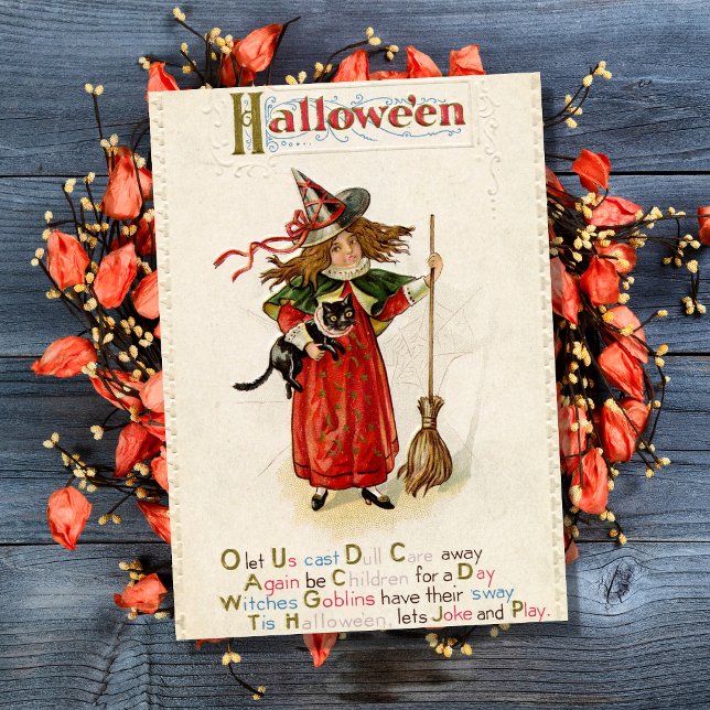 Carte Vintage sorcière d'Halloween avec chat noir (Créateur téléchargé)