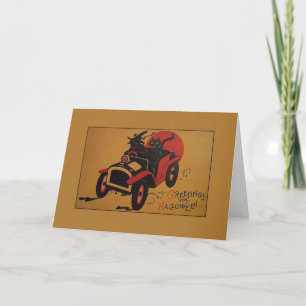 Carte vintage Sorcière Et Chat Noir En Voiture Hal