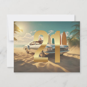 Carte Vintage Sports voiture plage tropicale 21e anniver