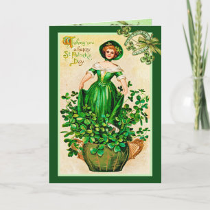 Carte Vintage St Patrick's Day Irlandaise Girl with Clov