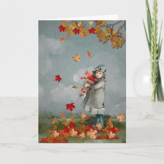 Carte Vintage Victorian Girl Holding Fall Leaves Card (Devant)
