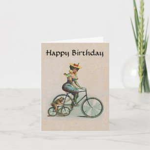 Carte Vintage Victorian Lady Chien Bicyclette Anniversai