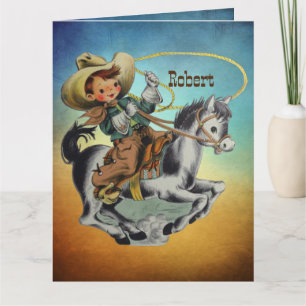 Carte Vintage Western Cowboy Kid On Horse avec corde