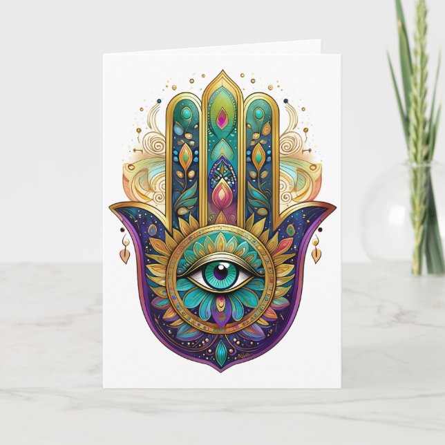 Carte Violet Green Gold Petals Hamsa Turquoise Third Eye (Devant)