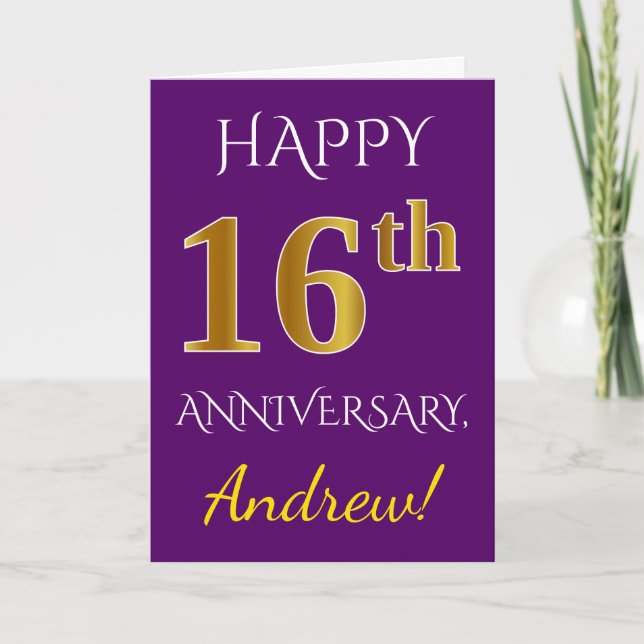 Carte Violet, Or Faux 16e Anniversaire de Mariage + Nom (Devant)