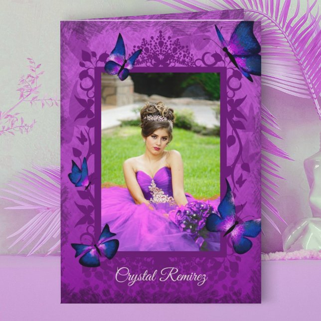 Carte Violet, pourpre, papillons bleu marine Quinceanera (violet magenta purple pink quinceanera invitation, folded invite blue butterflies fancy border frame)