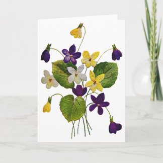Carte Violettes blanches, jaunes et violettes brodées