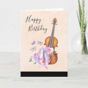 Carte Violon, Chaussures de Ballet, Fleurs et Papillons