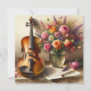 Carte Violon, Partition et un Vase de Fleurs