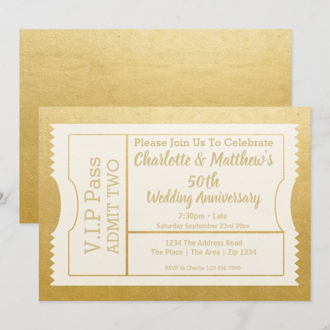 Carte VIP Pass 50e Anniversaire Billet Faux Gold (Devant / Derrière)
