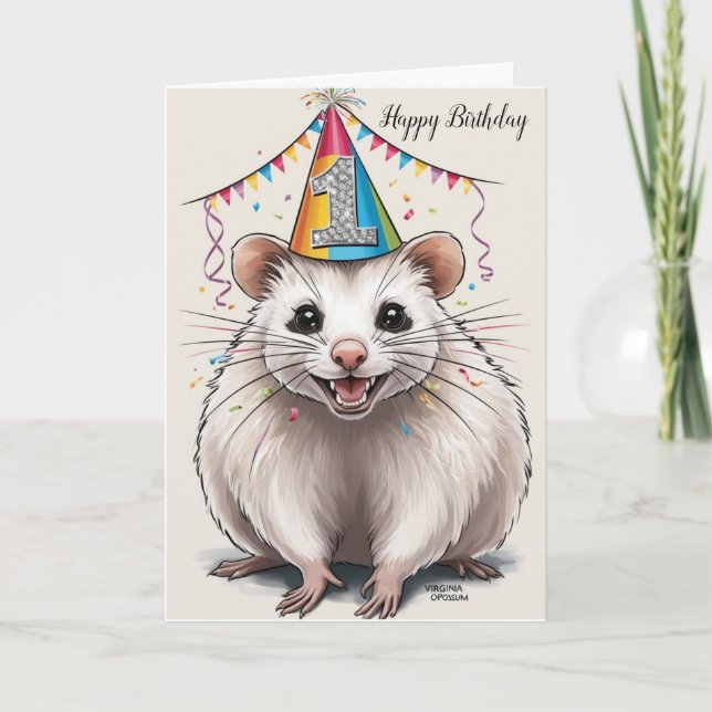 Carte Virginia Opossum portant le casquette d'anniversai (Devant)