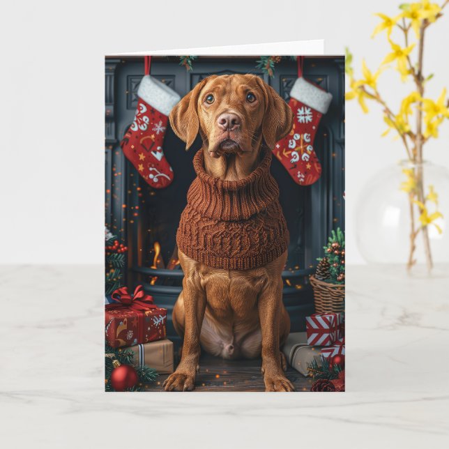 Carte Vizsla Chien Avec Foyer Cadeaux De Noël (Fleur jaune)