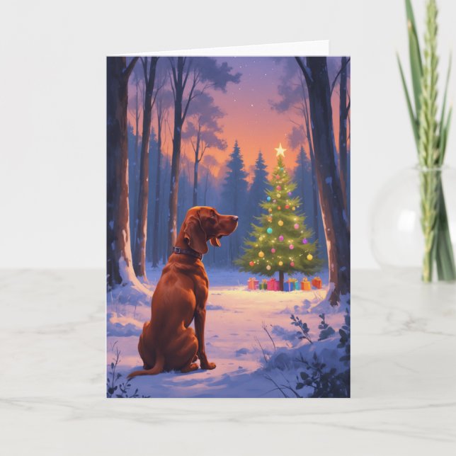 Carte Vizsla contemple l'arbre de Noël dans la forêt de  (Devant)