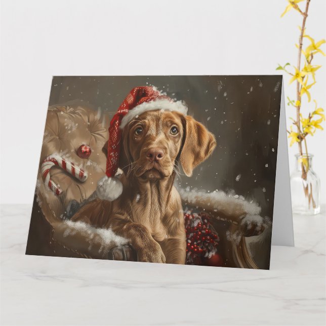 Carte Vizsla Fête de Noël (Fleur jaune)