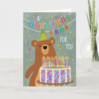 Carte Vœu d'anniversaire avec ours et gâteau