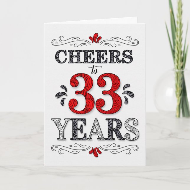 Carte Vœux d'anniversaire 33 ans en motif rouge blanc no (Devant)