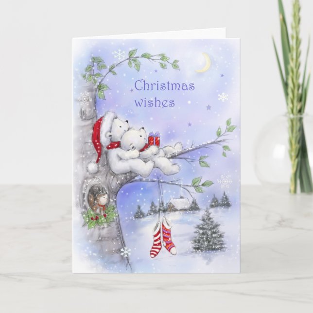 Carte Voeux de Noël, Couple d'ours romantique sur arbre (Devant)