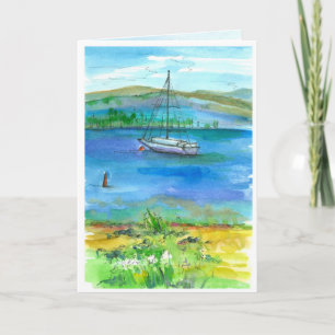 Carte Voile Mountain Lake Watercolor Joyeux anniversaire