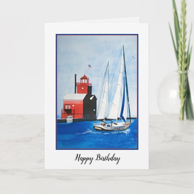 Carte voilier et phare rouge anniversaire (Devant)