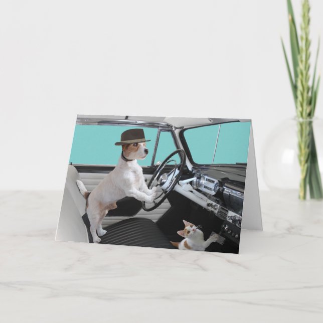 Carte Voiture classique Jack Russell et Chat Driving (Devant)