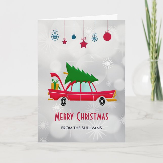 Carte Voiture rouge rétro portant un arbre de Noël (Devant)