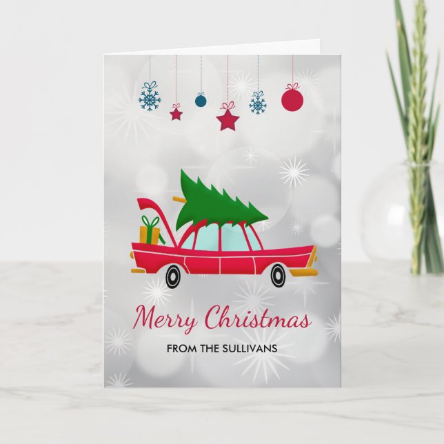 Carte Voiture rouge rétro portant un arbre de Noël (Devant)