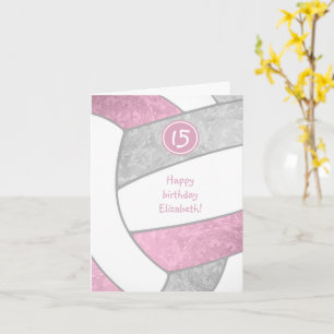 Carte volley-ball rose-gris poussiéreux anniversaire cha