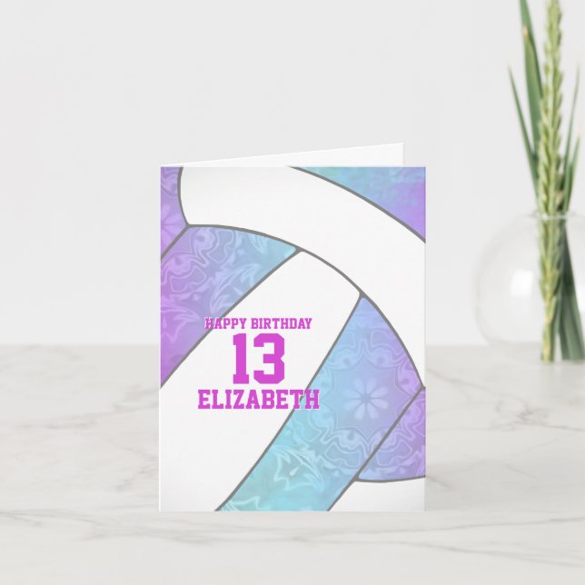 Carte volleyball rose violet turquoise heureux anniversa (Devant)