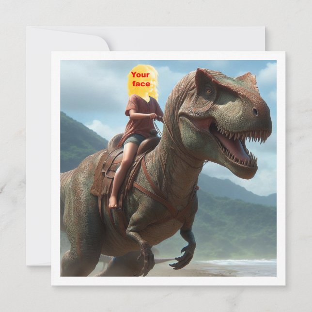 Carte Votre enfant à cheval sur un T-rex, mettez mon vis (Devant)
